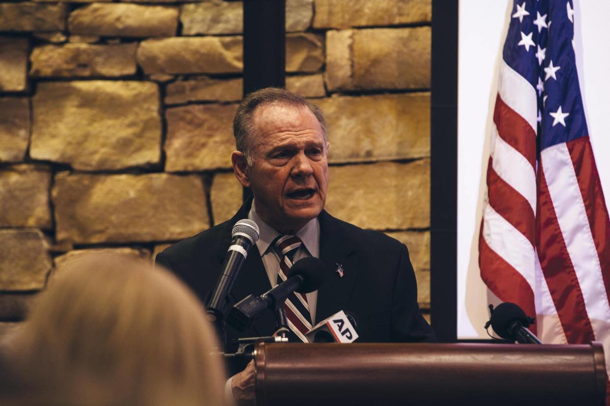 Republican candidate for US Senate Judge Roy Moore speaks during a mid-Alabama Republican Club's Veterans Day event: Wes Frazer/Getty Images