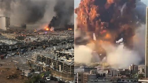 黎巴嫩首都貝魯特港口存放於港口的2,750噸爆裂物「硝酸銨」造成2次巨大爆炸。（圖／翻攝自推特）