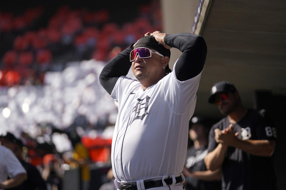 Detroit Tigers' Miguel Cabrera reacts to the audience before the first inning of a baseball game against the Cleveland Guardians, Sunday, Oct. 1, 2023, in Detroit. Cabrera is playing his last game before retirement. (AP Photo/Paul Sancya)