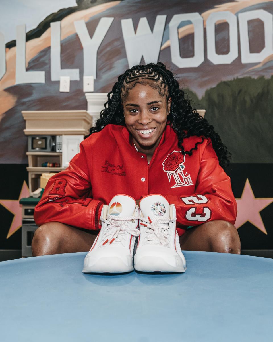 Jordin Canada with her PE sneakers, a collaboration between Jordan Brand and the Ronald McDonald House.