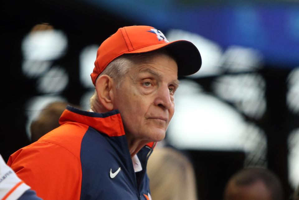 Jim "Mattress Mack" McIngvale watches batting practice prior to Game 5 of the 2021 World Series at Truist Park.