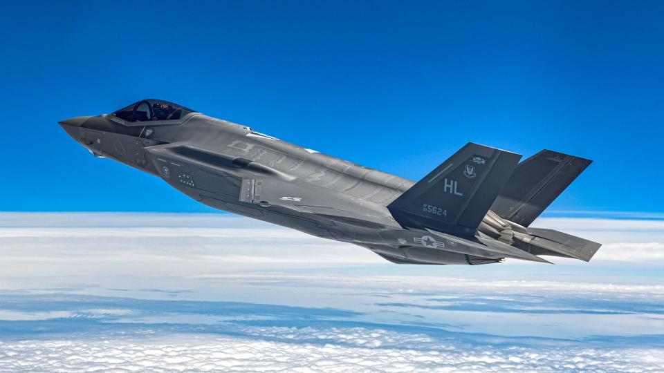 A 4th Fighter Squadron F-35A climbs into the Gulf of Mexico range complex. <em>Jamie Hunter</em>