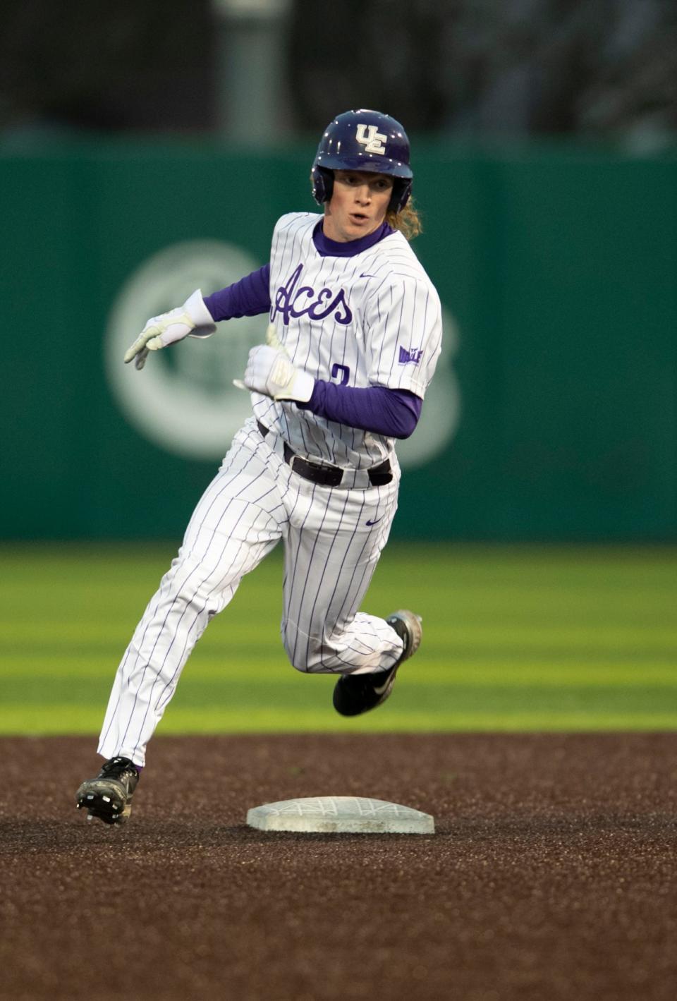 University of Evansville’s Ty Rumsey (2) rounds second base at Charles H. Braun Stadium in Evansville, Ind., Tuesday night, March 29, 2022. The Aces earned a 10-5 win against Austin Peay. 