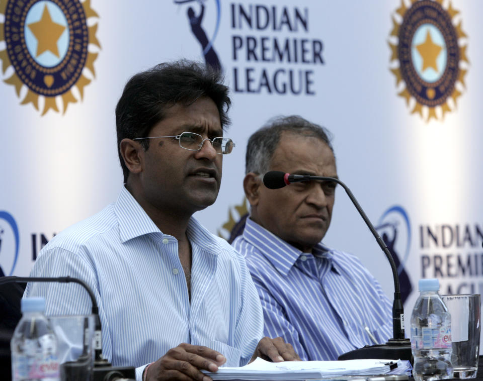 MUMBAI, INDIA - MARCH 7, 2010: IPL chairman Lalit Modi and Niranjan Shah in Mumbai at the IPL bidding at Four Season's Hotel in Worli on Sunday. (Photo by Anshuman Poyrekar/Hindustan Times via Getty Images)