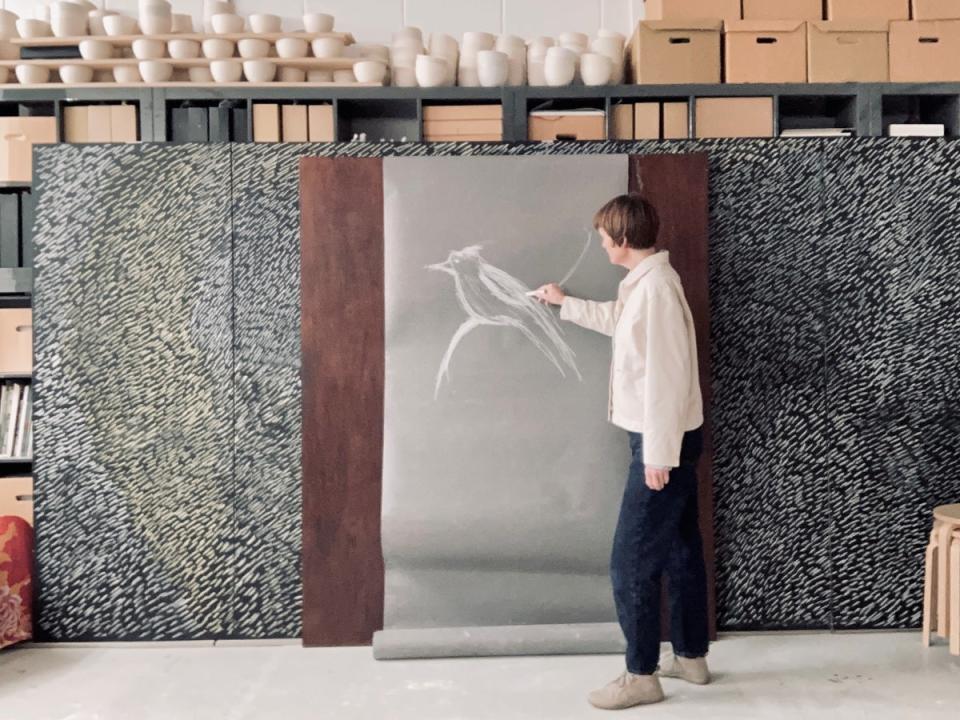 Clare Twomey in her studio, drawing for The Wild Escape (© Clare Twomey)