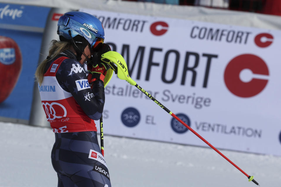 United States' Mikaela Shiffrin reacts after winning an alpine ski, women's World Cup slalom, in Are, Sweden, Saturday, March 11, 2023. (AP Photo/Alessandro Trovati)