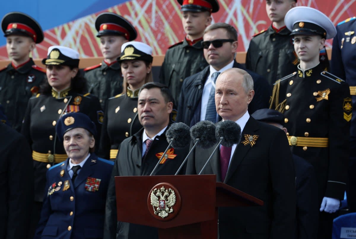 Russian president Vladimir Putin gives a speech during the Victory Day military parade on Red Square (Sputnik/AFP via Getty)