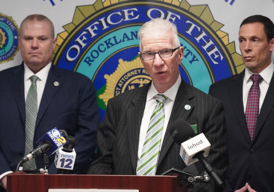 Rockland District Attorney Thomas Walsh announces the arrest of two residents from Congers for possession a controlled substance and two handguns during a press conference at the district attorney's office in New City on Wednesday.