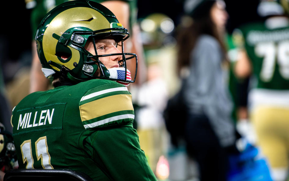 CSU football's sophomore quarterback Clay Millen, the team's former starter, looks on from the bench by himself during a game against San Diego State at Canvas Stadium on Saturday, Nov. 11, 2023.