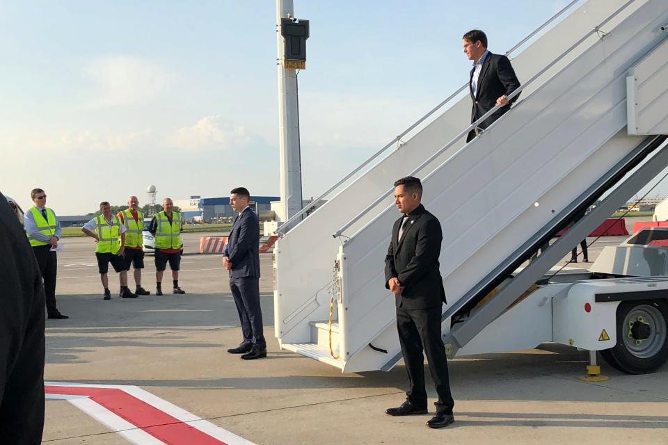 Acting Defense Secretary Mark Esper arrives in Brussels, Tuesday, June 25, 2019, for a meeting of NATO defense ministers. Esper says he wants to persuade NATO allies to form a broader international coalition to deter Iranian threats and force its leaders back to the negotiating table over its nuclear program. (AP Photo/Lolita C. Baldor)