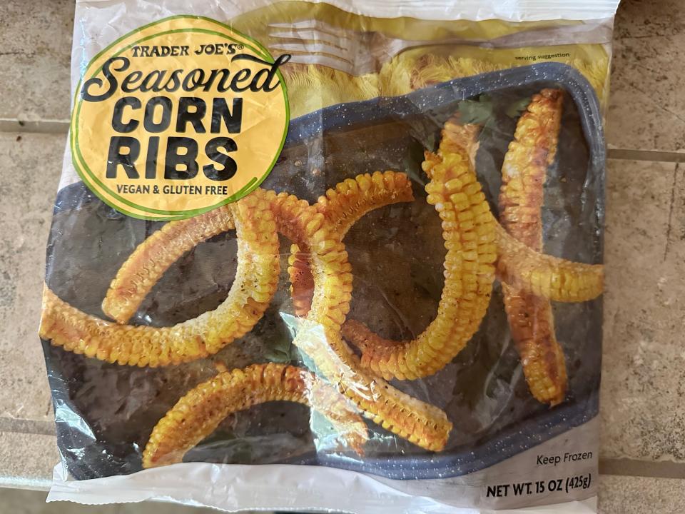 Trader Joe's seasoned corn ribs bag on counter