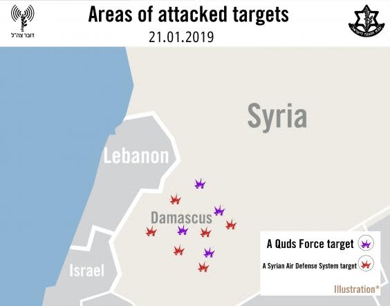 Israeli military release graphic of the targets in Syria their warplanes struck on Monday (Israeli army/handout)