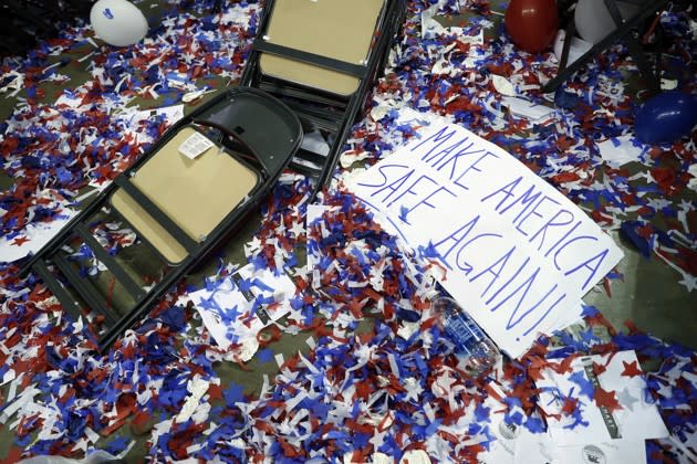 A sign sits on the ground during the final day of the Republican National Convention in Cleveland on Thursday. Carolyn Kaster / AP