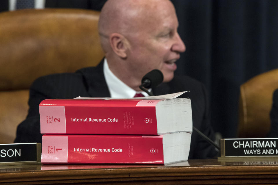 House Ways and Means Committee Chairman Kevin Brady, R-Texas, begins the markup process of the GOP’s far-reaching tax overhaul as members propose amendments and changes to shape the first major revamp of the tax system in three decades, on Capitol Hill in Washington, Monday, Nov. 6, 2017. (AP Photo/J. Scott Applewhite)