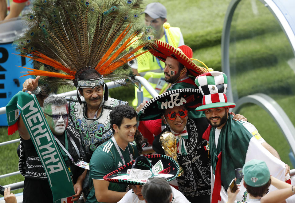 <p>Mexican supporters pose for a group photo prior to the start of the group F match between Mexico and South Korea at the 2018 soccer World Cup. </p>