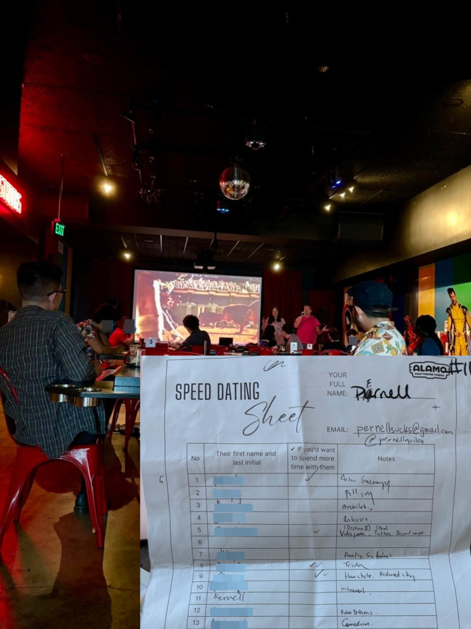 People seated in a casual bar setting with a speed dating event happening. Inset shows a filled speed dating sheet with names and notes