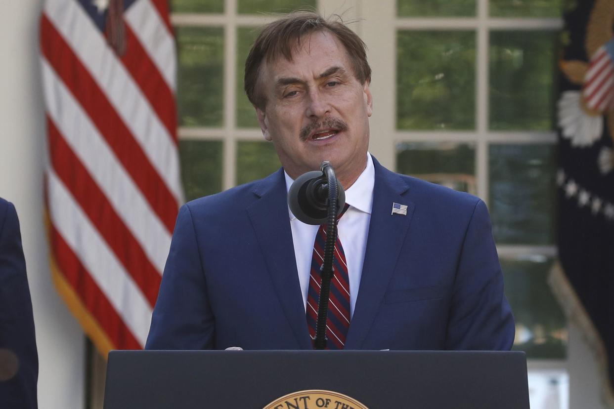 My Pillow CEO Mike Lindell speaks about the coronavirus in the Rose Garden of the White House, Monday, March 30, 2020, in Washington.