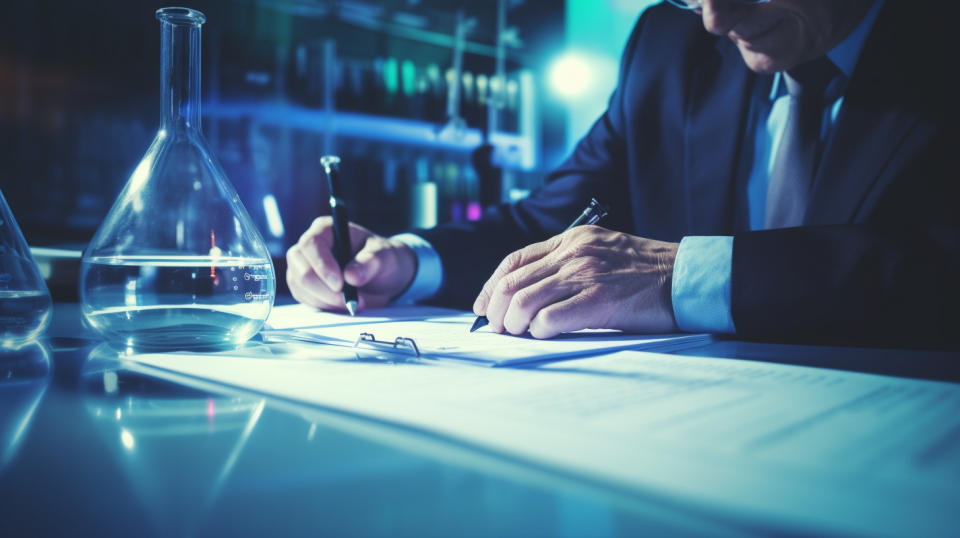 A biopharmaceutical company executive signing a collaboration agreement with a partner.