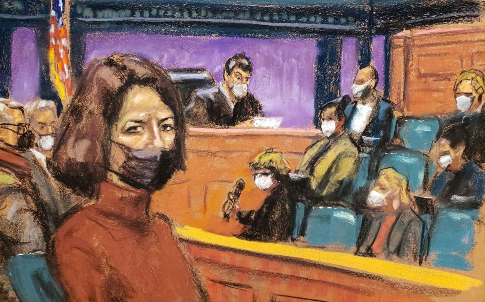 Courtoom sketch of Ghislaine Maxwell as her guilty verdict is read out. She will be sentenced in New York at the end of this month - JANE ROSENBERG 