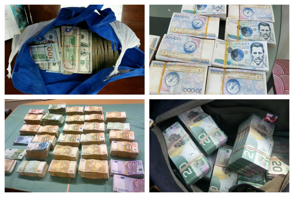 This combination of 2012-2017 photos obtained from the U.S. Drug Enforcement Administration shows U.S. dollars, Colombian pesos, euros and Canadian dollars involved in the DEA's shadowy international money laundering investigations. An Associated Press investigation raises questions about the efficacy of this little-known law enforcement tool, which has been criticized for facilitating the flow of millions of dollars in cartel funds. (DEA via AP)