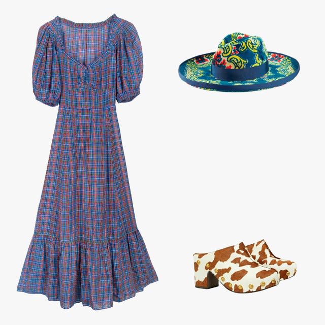 Dôen Adobe dress, $198, shopdoen.com; Gucci velvet hat with floral brocade print, $1200, gucci.com; Tory Burch Blythe printed studded platform clogs, $428, toryburch.com