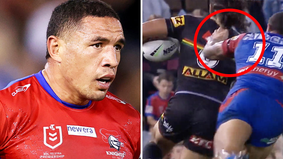 Tyson Frizell is pictured left, with the moment he pulls Jarome Luai's hair highlighted on the right.