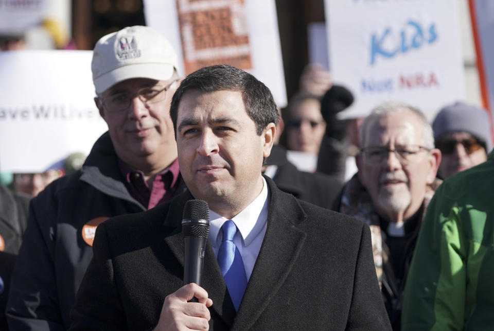 Wisconsin Attorney General Josh Kaul speaks during the We Are the 80% rally on Thursday, Nov. 7, 2019 at the State Capitol in Madison. The rally was to demand that Wisconsin legislative leaders allow a vote on the lifesaving gun violence proposals, which have the overwhelming support of Wisconsin voters.. (Steve Apps /Wisconsin State Journal via AP)