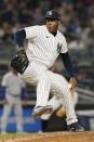 New York Yankees relief pitcher Aroldis Chapman delivers during the ninth inning of a baseball game against the Texas Rangers, Monday, Sept. 20, 2021, in New York. The Yankees won 4-3. (AP Photo/Frank Franklin II)