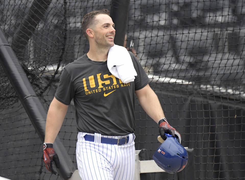 New York Mets' David Wright smiles after hitting during a simulated baseball game Saturday, Sept. 8, 2018, in New York. (AP Photo/Bill Kostroun)