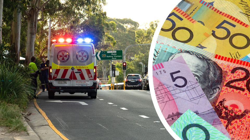 A composite image of an ambulance on a Sydney street and Australian money stacked on top of each other to represent the cost of health insurance claims.