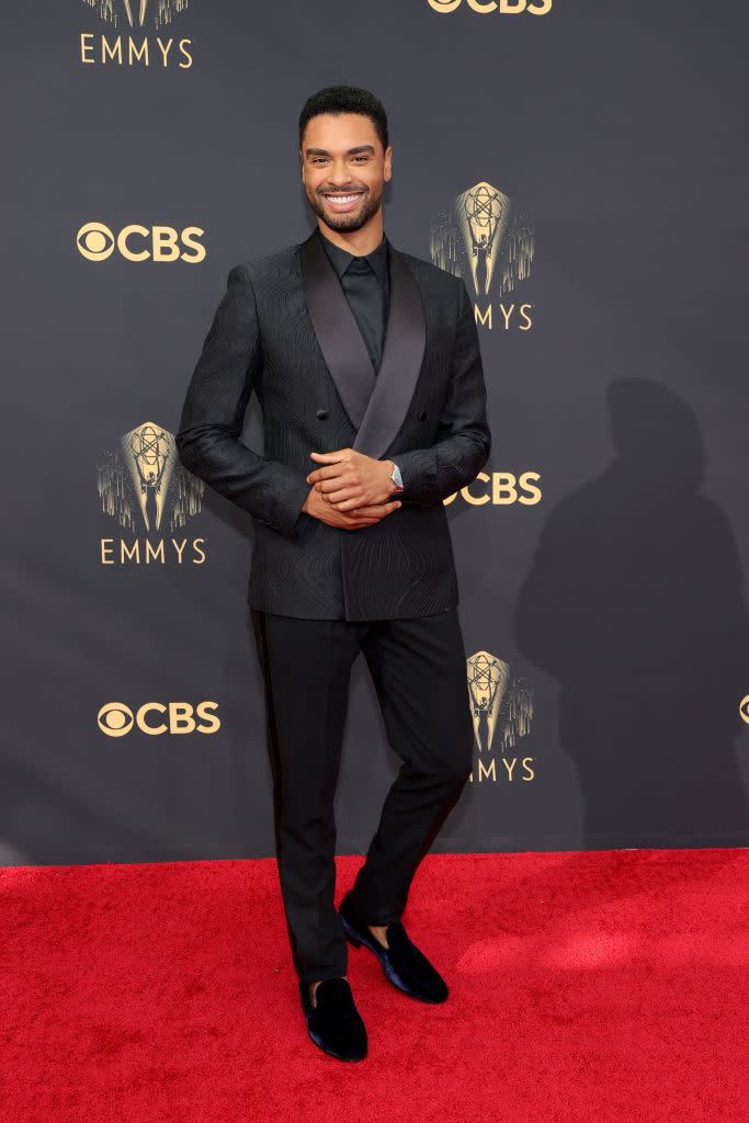 <p>The Duke of Hastings himself! The "Bridgerton" star looked stylish in a monochrome look with velvet smoking slippers for the Emmy red carpet. (Image via Getty Images)</p> 