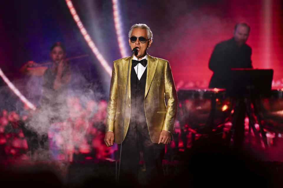 Andrea Bocelli performs during the 24th annual Latin Grammy Awards in Seville, Spain, Thursday, Nov. 16, 2023. (Photo by Jose Breton/Invision/AP)