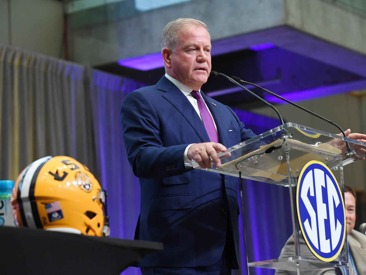 ATLANTA, GA - JULY 18: LSU Tigers Head Coach Brian Kelly addresses the media during the SEC Football Kickoff Media Days on July 18, 2022, at the College Football Hall of Fame in Atlanta, GA.(Photo by Jeffrey Vest/Icon Sportswire via Getty Images)