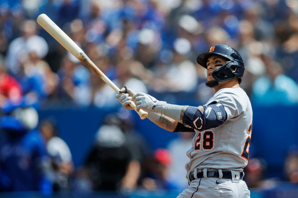 Tigers shortstop Javier Baez hits a foul ball into the 500 seating level at Rogers Centre on July 31, 2022 in the first inning against the Blue Jays.