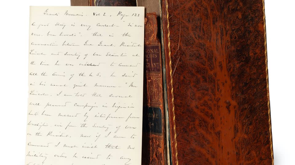 Two volumes of President Ulysses S. Grant's memoirs, including Sherman's annotations, are up for auction. - Courtesy Fleischer's Auctions