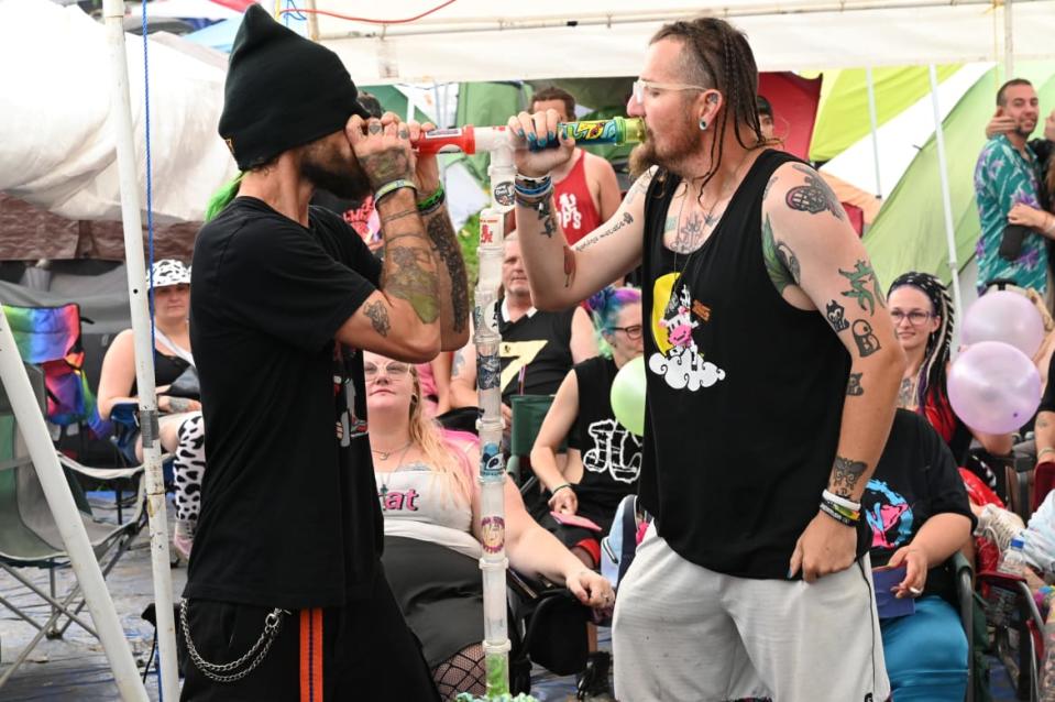 <div class="inline-image__caption"><p>A dab-huffing competition at the 2022 Gathering of the Juggalos in Thornville, Ohio.</p></div> <div class="inline-image__credit">Nate "Igor" Smith</div>