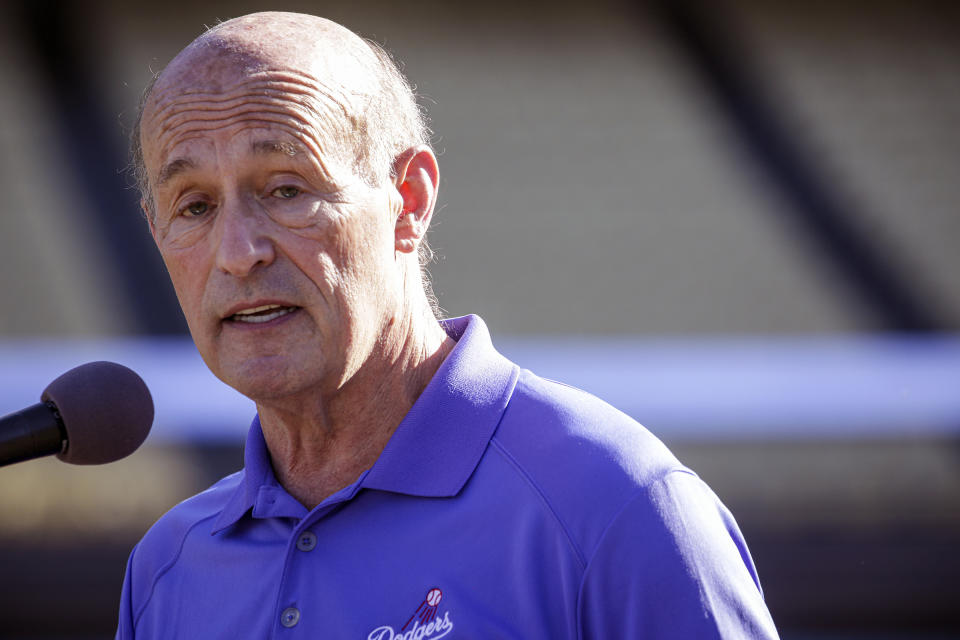 FILE - Los Angeles Dodgers President and CEO Stan Kasten speaks during a news conference at Dodger Stadium, Jan. 15, 2021, in Los Angeles. "I will tell you that yes, it exceeded what we thought we were going to exceed," Kasten said of the PWHL's first season, during a half-hour news conference held in St. Paul, Minn., before Game 3 of the PWHL best-of-five finals series between Minnesota and Boston. (Irfan Khan/Los Angeles Times via AP, Pool, File)