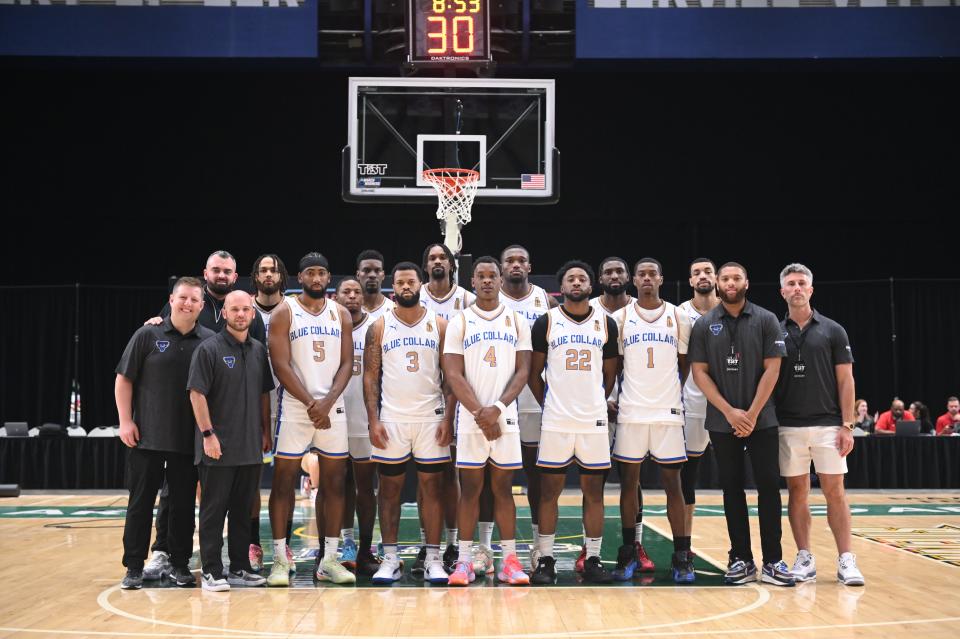 Blue Collar U returned 11 players and its entire coaching staff from its 2022 championship team that won The Basketball Tournament's $1 million grand prize. Rochester's Dontay Caruthers (22) is among them.