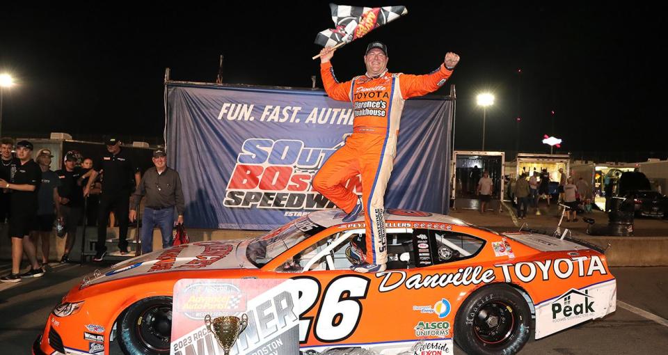 Peyton Sellers celebrates in Victory Lane following his victory in the second race of the twin 60-lap Sentara Health Late Model Stock Car Division races that highlighted the Sentara Health Prelude to the 200 on June 17, 2023 at South Boston Speedway. (Joe Chandler/South Boston Speedway)