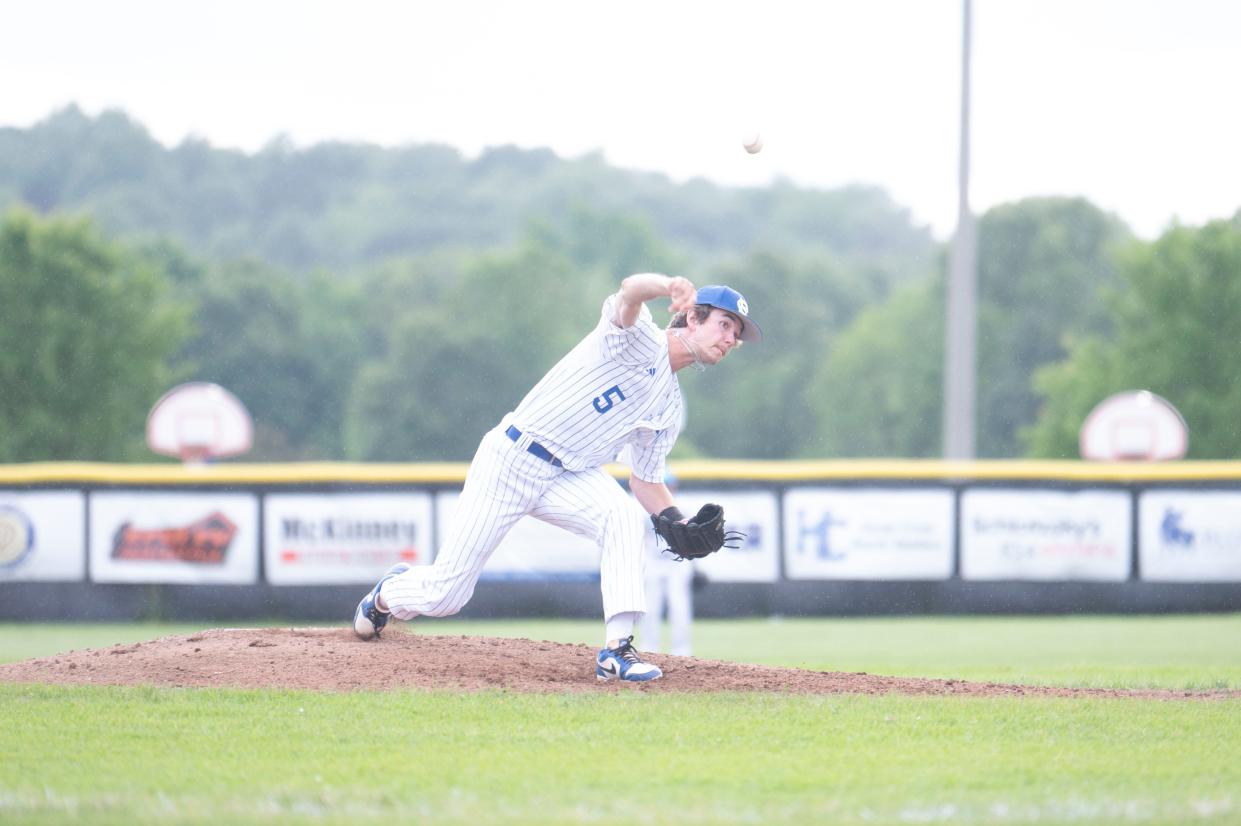 Harper Creek pitcher Tyler Wolfersberger releases a pitch during a game against Marshall at Harper Creek High School on Tuesday, May 28, 2024.