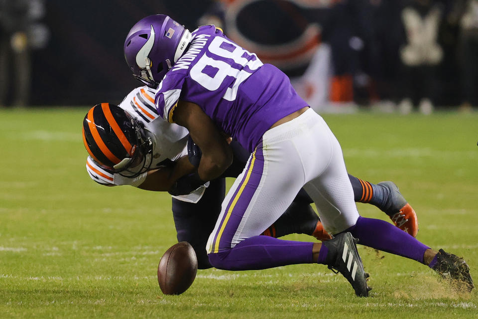 D.J. Wonnum of the Minnesota Vikings sacks Justin Fields of the Chicago Bears on Monday night. (Photo by Jonathan Daniel/Getty Images)