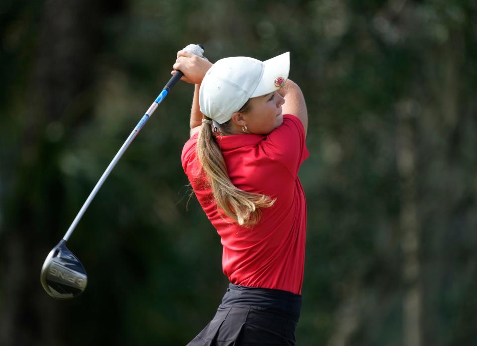 Seabreeze's Amelia Cobb watches her drive off the No. 8 tee box during the District 6-2A Tournament at Daytona Beach Golf Club in Daytona Beach, Monday, Oct. 23, 2023.