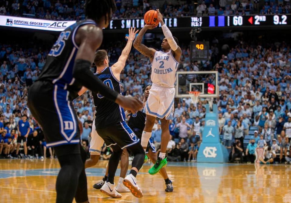 North Carolina’s Caleb Love (2) misses a three point attempt to tie the score with :09 seconds to play against Duke on Saturday, March 4, 2023 at the Smith Center in Chapel Hill, N.C.