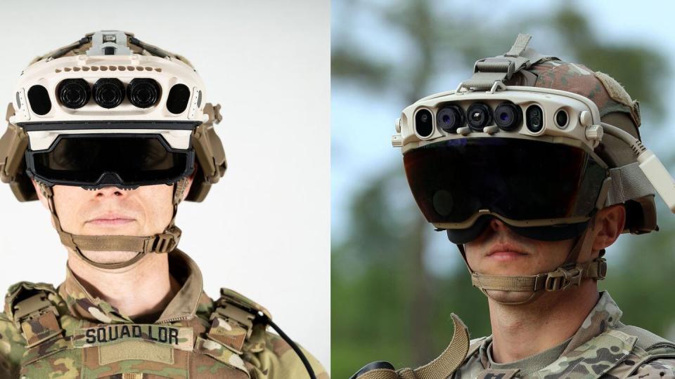 IVAS 1.2, left, features a lower-profile heads-up display than IVAS 1.0, right, improving comfort and performance. (Jason Amadi and Courtney Bacon/Army)