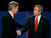 FILE PHOTO: President Bush shakes hands with John Kerry after presidential debate in Tempe.