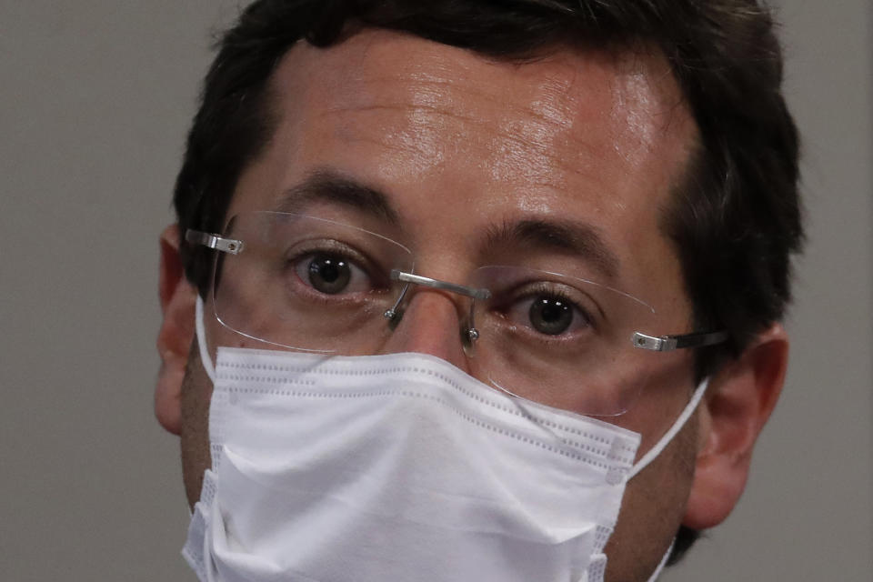 Fabio Wajngarten, former Communications Secretary, testifies during a Brazilian Senate commission inquiry investigating the government’s management of the COVID-19 pandemic, in Brasilia, Brazil, Wednesday, May 12, 2021. Wajngarten is an ally of President Jair Bolsonaro, who has been one of the world’s most prominent opponents of restrictions aimed at curbing the disease. (AP Photo/Eraldo Peres)