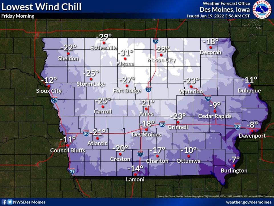 Wind chills in Des Moines could feel like 20 degrees below zero Fri. Jan. 21, 2022.