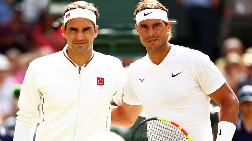Roger Federer and Rafael Nadal, pictured here at Wimbledon in 2019.
