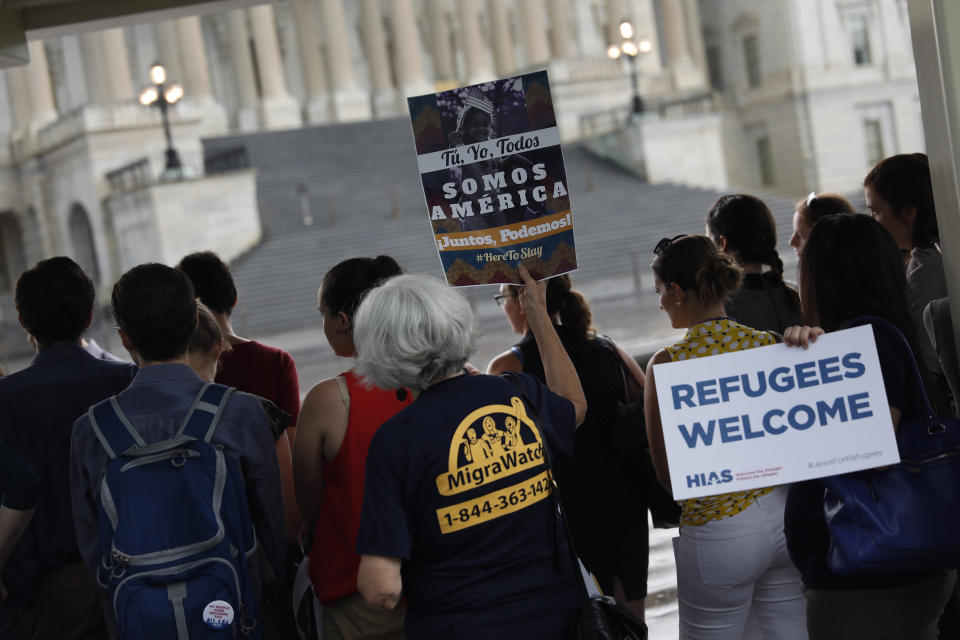 Activists hold signs during a demonstration organized by HIAS, founded as the Hebrew Immigrant Aid Society, outside the U.S. Capitol on Sept. 14, 2017, in Washington, D.C. (Photo: Aaron P. Bernstein via Getty Images)