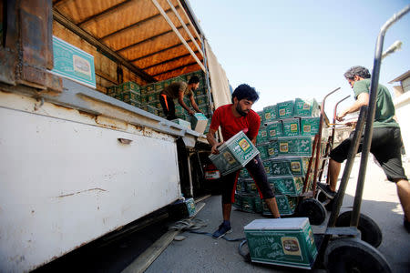 Iraqi workers unload a truck from Iran, loaded with cosmetics, in Baghdad, Iraq August 17, 2018. REUTERS/Khalid Al-Mousily